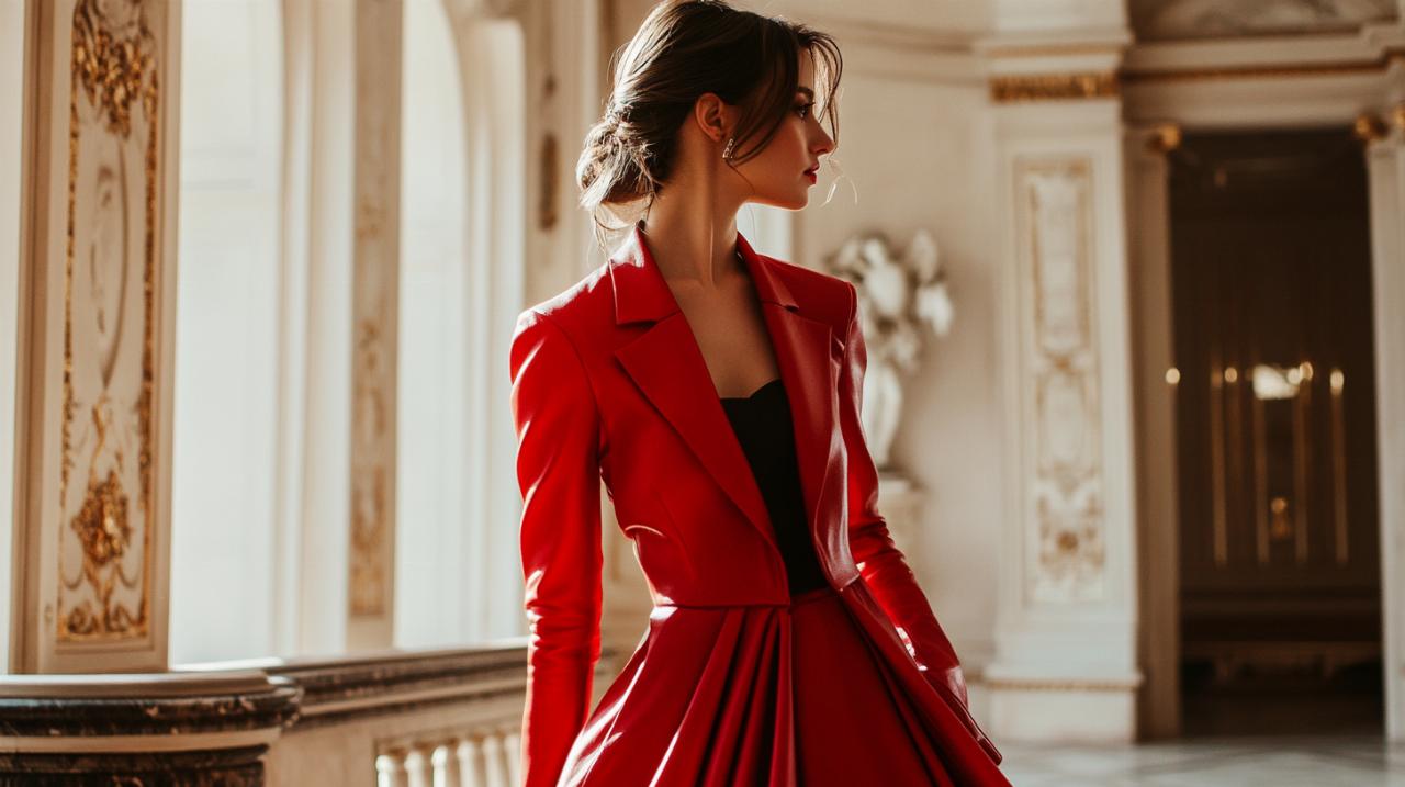 L’alliance sophistiquée du blazer noir et de la robe rouge pour une invitée de mariage